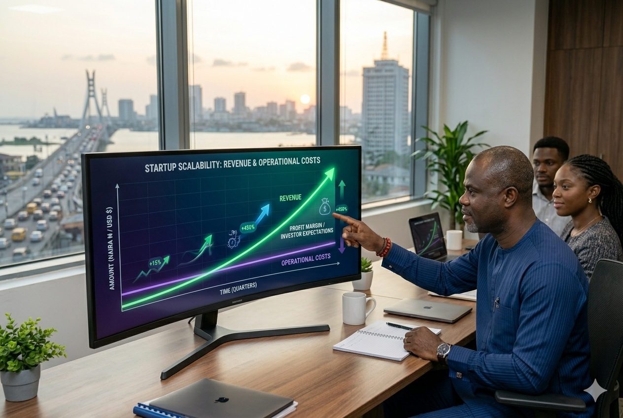 Business scalability graph showing revenue growing faster than operational costs