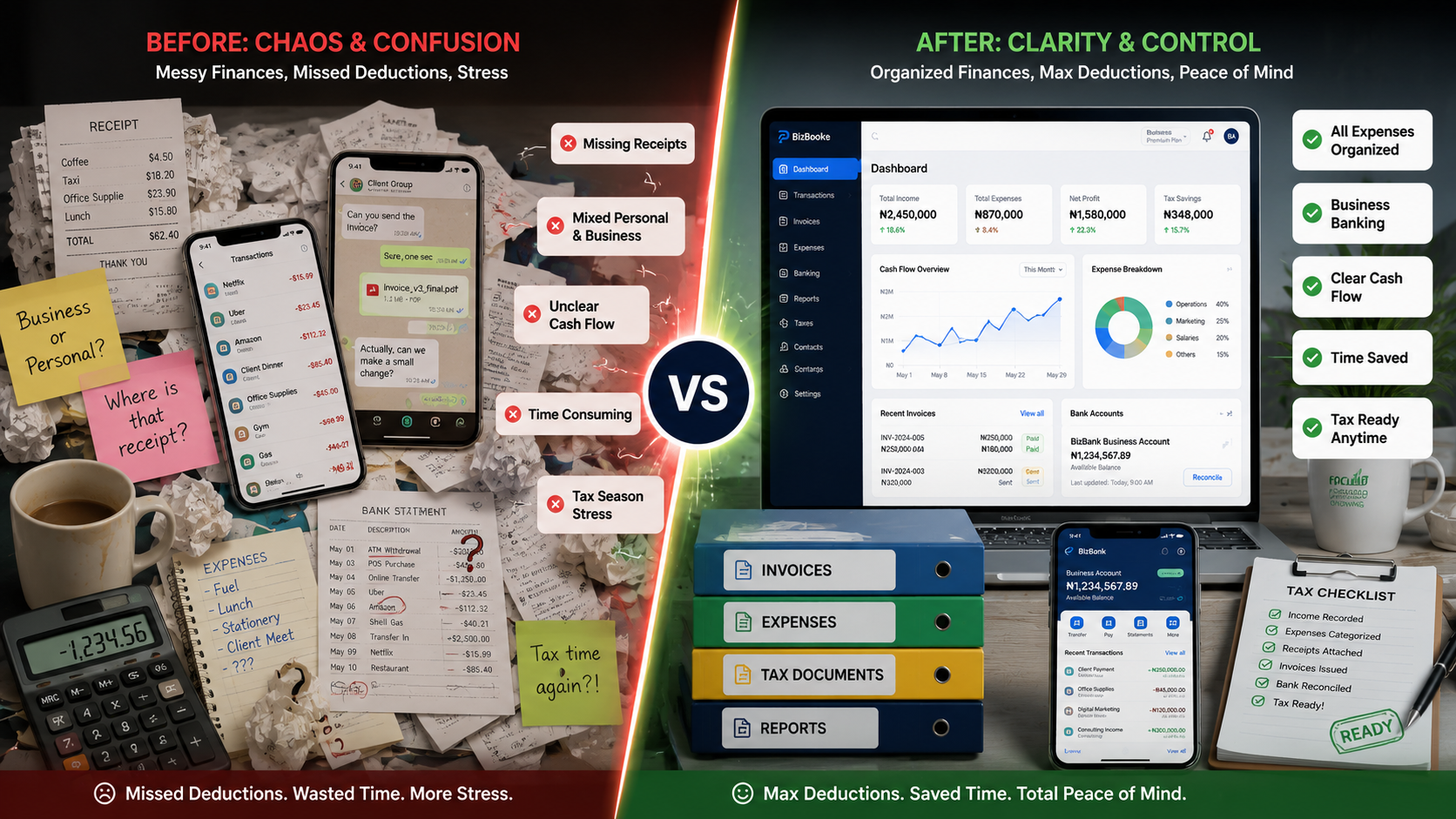 Comparison between poor bookkeeping and organized business accounting systems