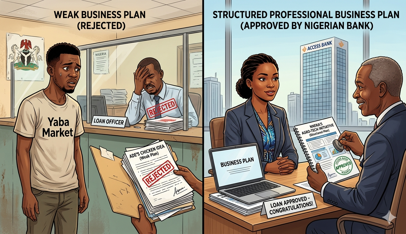 Comparison between weak and strong business plans for Nigerian bank loans