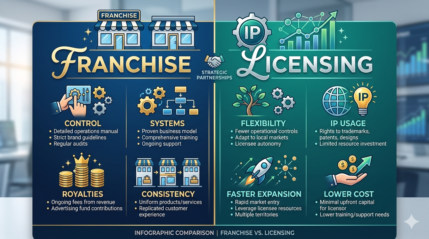 Comparison chart showing differences between franchising and licensing business models