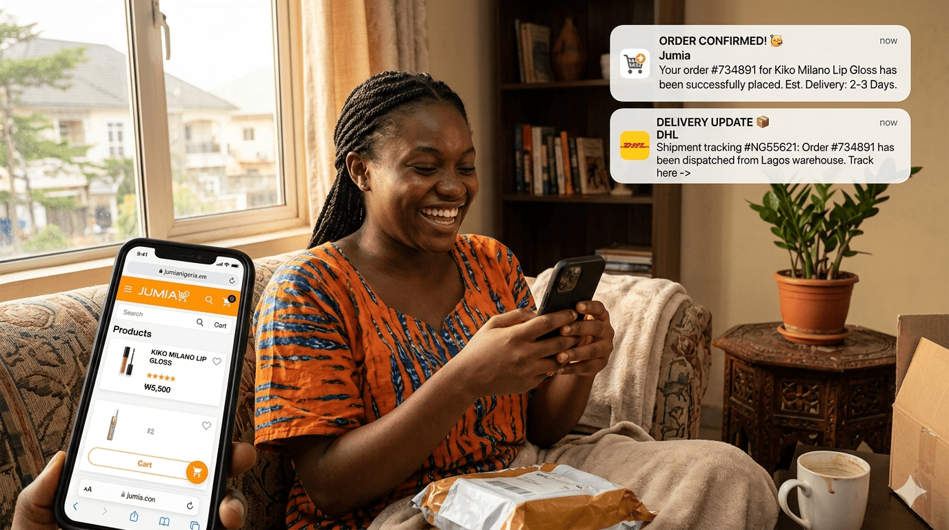 Customer using mobile e-commerce store with secure checkout and order tracking in Nigeria