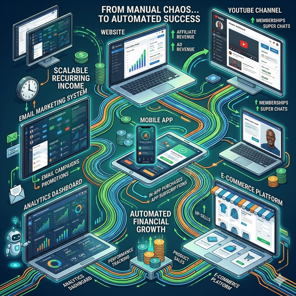 Digital asset ecosystem generating scalable online business income through websites, apps, and audience systems