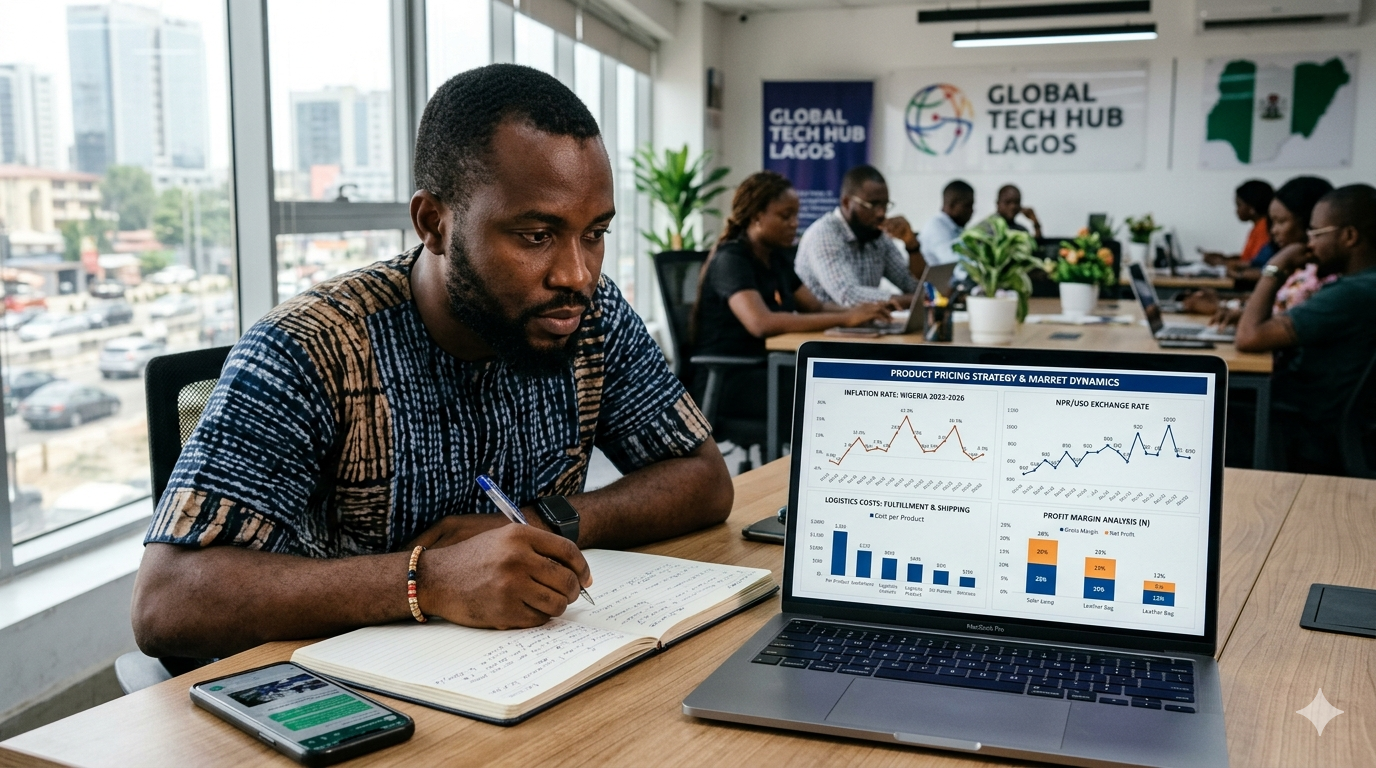 Entrepreneur analyzing product pricing strategy and profit margins in Africa