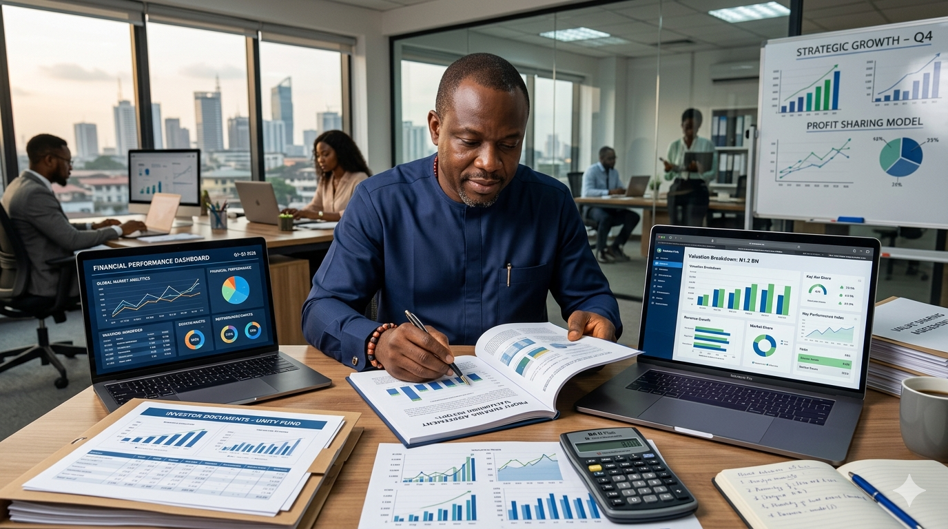 Entrepreneur analyzing small business valuation reports and financial growth metrics in Nigeria