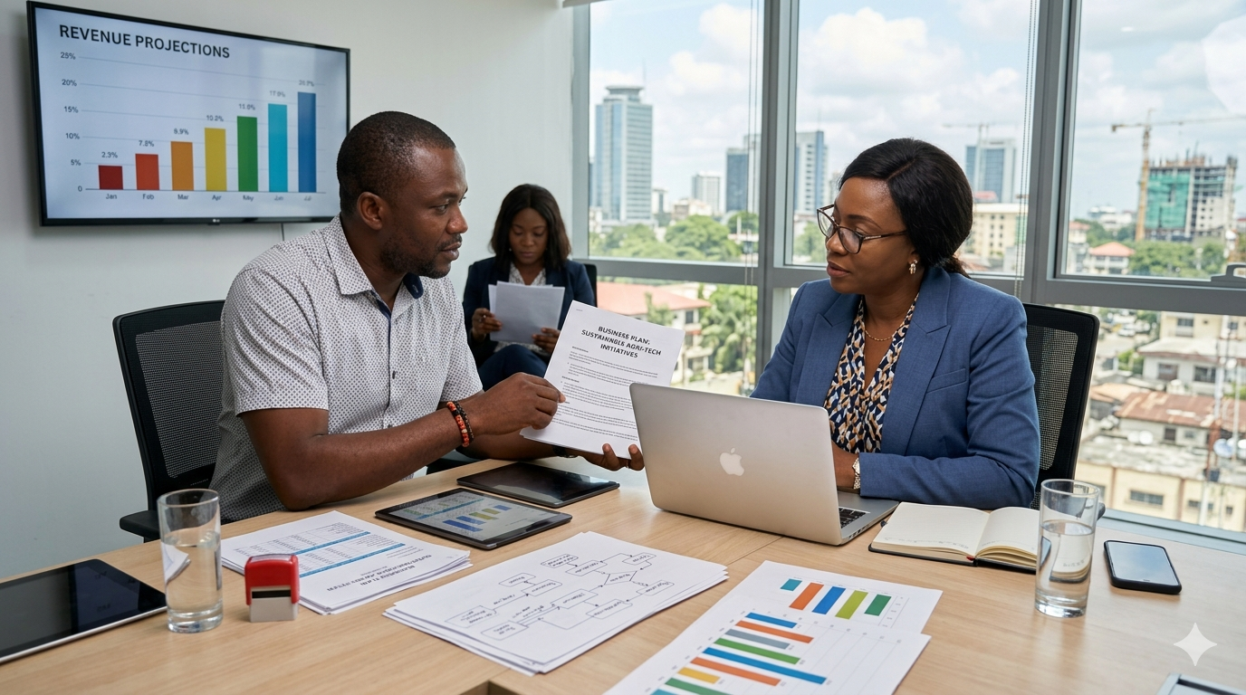 Entrepreneur presenting a business plan for bank loan approval in Nigeria