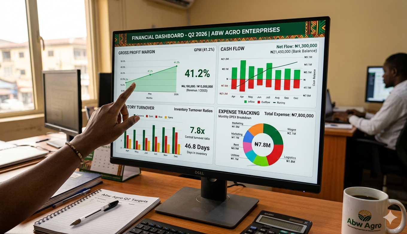 Financial ratios dashboard showing profit margins, cash flow, and operational metrics for Nigerian businesses