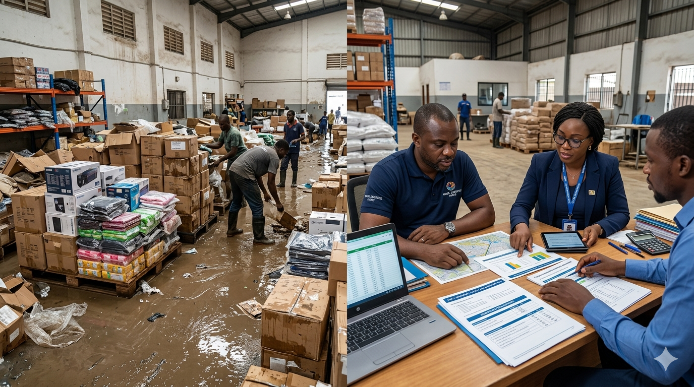 Nigerian SME recovering from warehouse flood damage using business interruption and property insurance