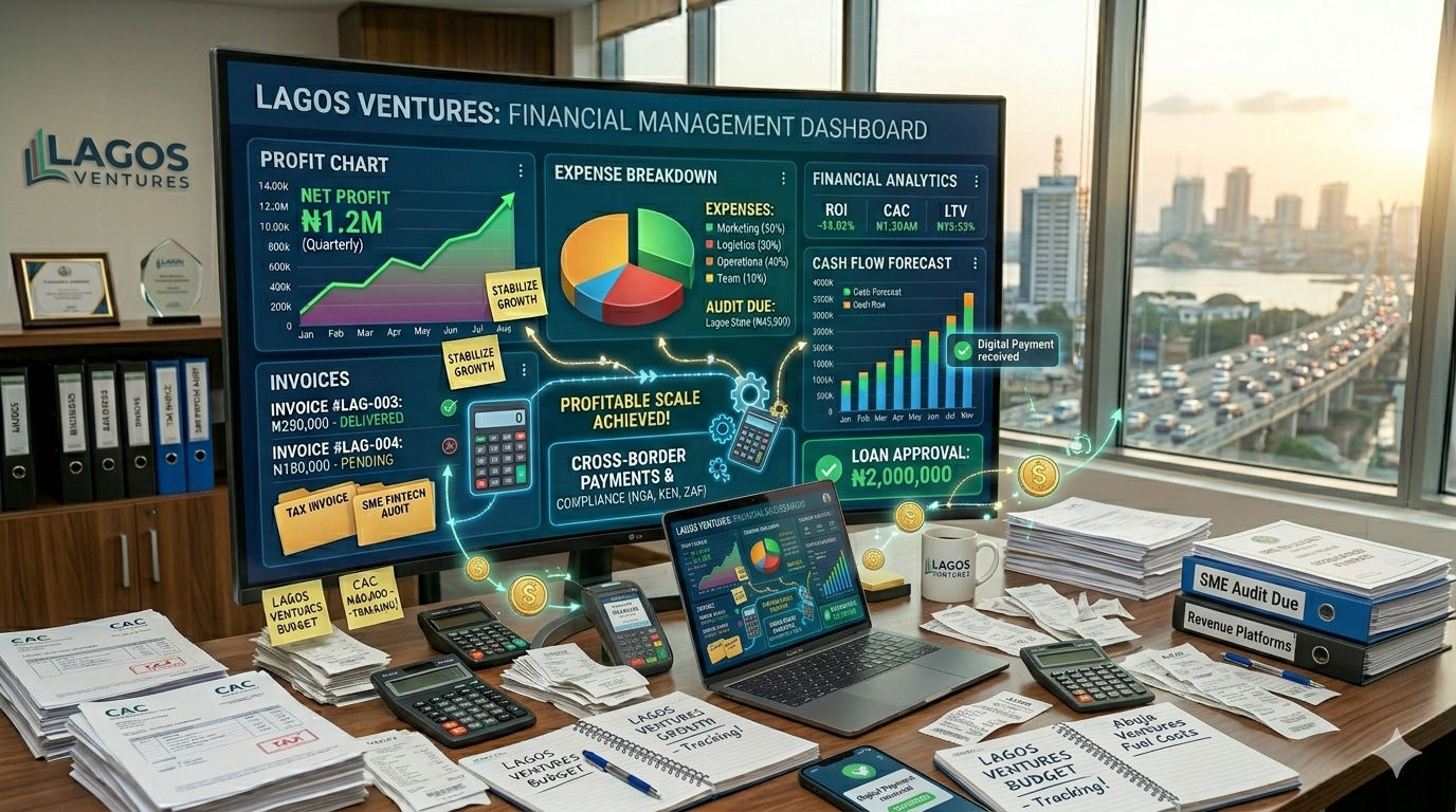 Nigerian business owner analyzing financial ratios and monthly business performance reports in 2027
