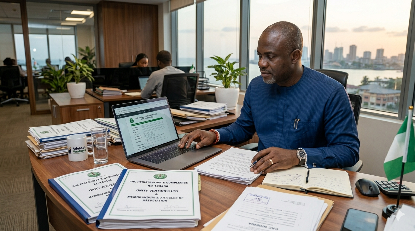 Nigerian business owner managing CAC annual return filing and compliance records. CAC Annual Return Filing in Nigeria