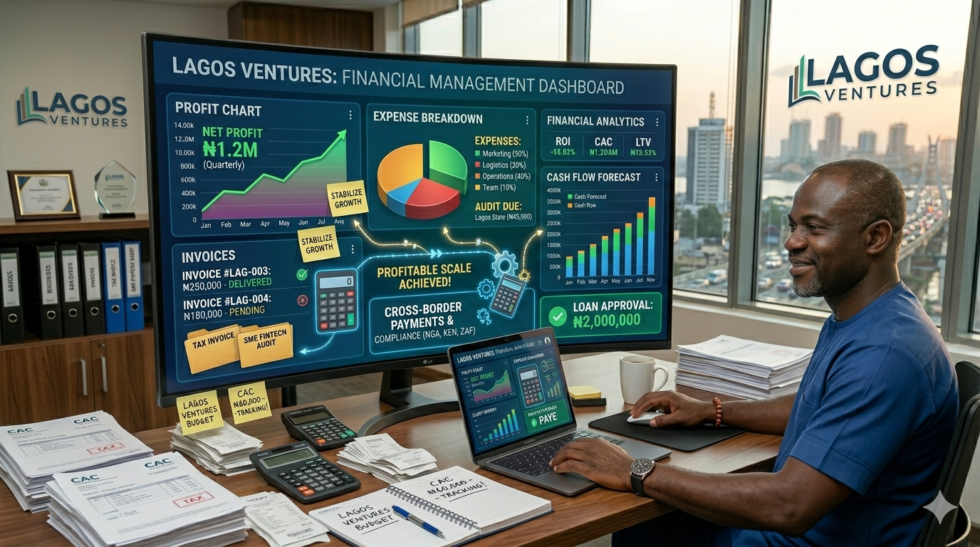 Nigerian business owner reviewing a profit and loss statement and financial dashboard