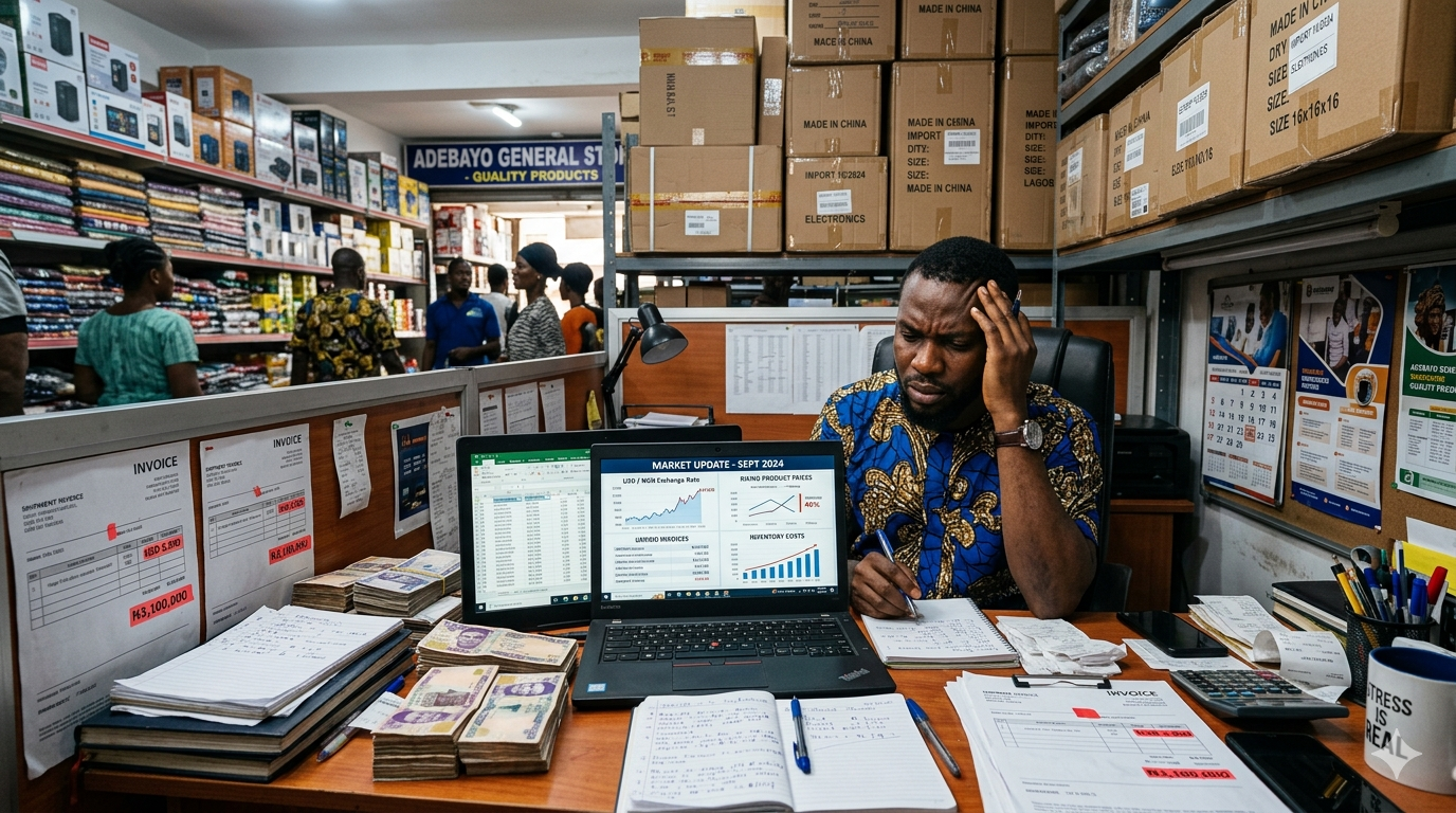 Nigerian business owner struggling with rising costs during the naira and dollar pricing crisis. Dollar Pricing in Nigeria