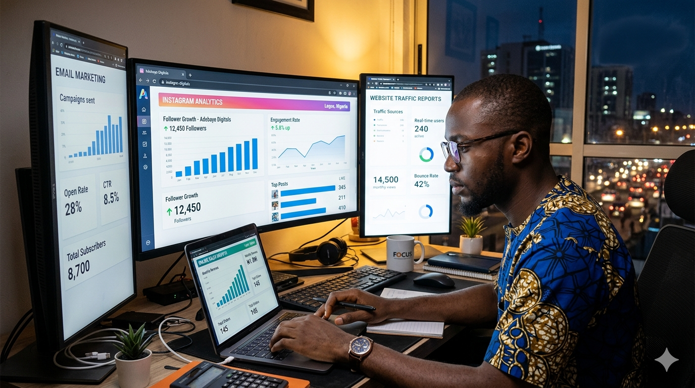 Nigerian digital entrepreneur scaling an Instagram business into a full online brand using websites and digital marketing systems