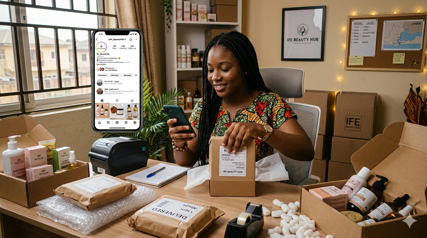 Nigerian entrepreneur running an Instagram business and managing online customer orders in 2027. Instagram Businesses in Nigeria Need a Website