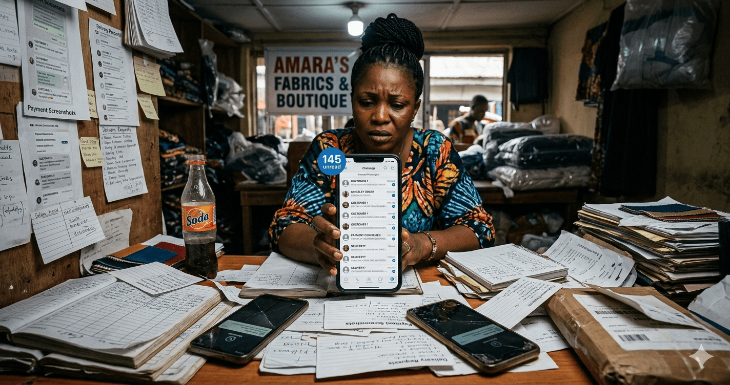 Nigerian entrepreneur struggling to manage customer orders on WhatsApp Business
