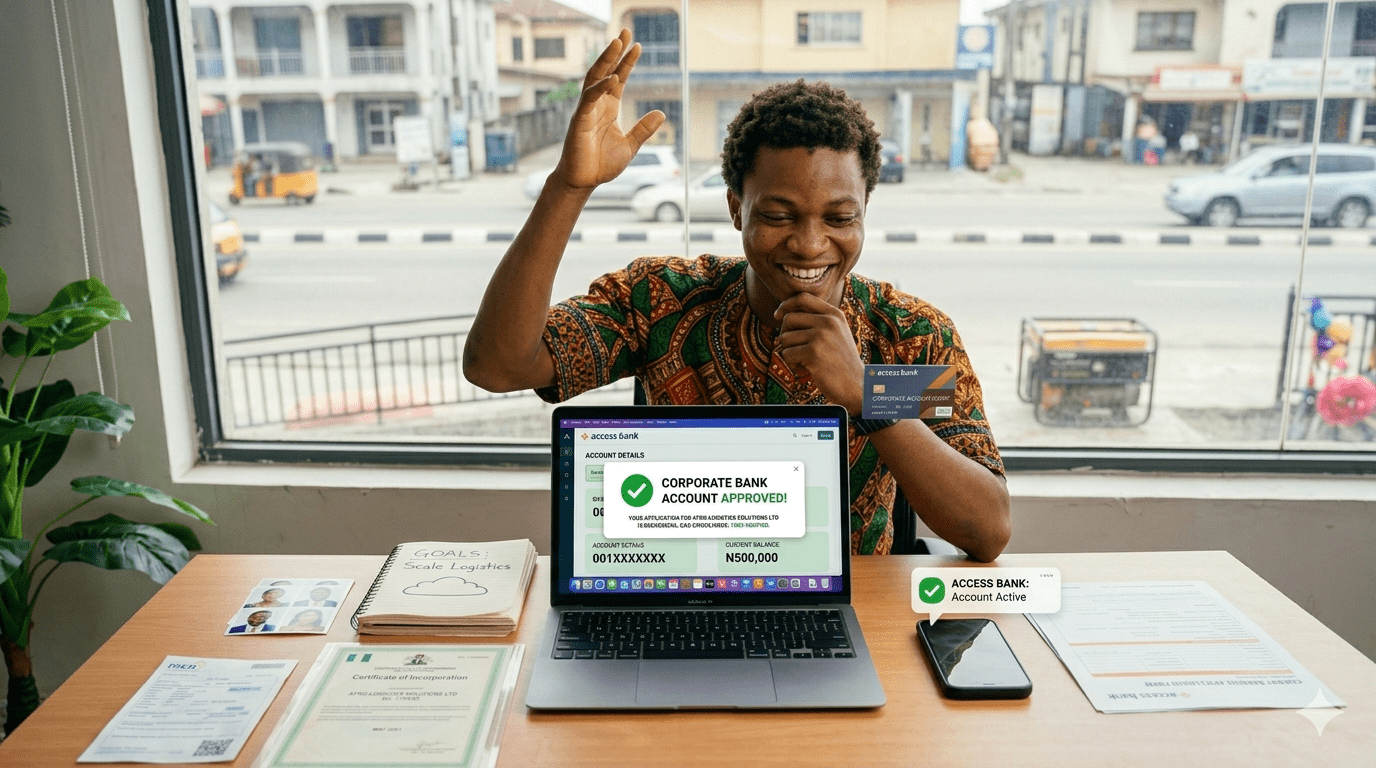 Nigerian startup founder opening a successful business bank account after document verification