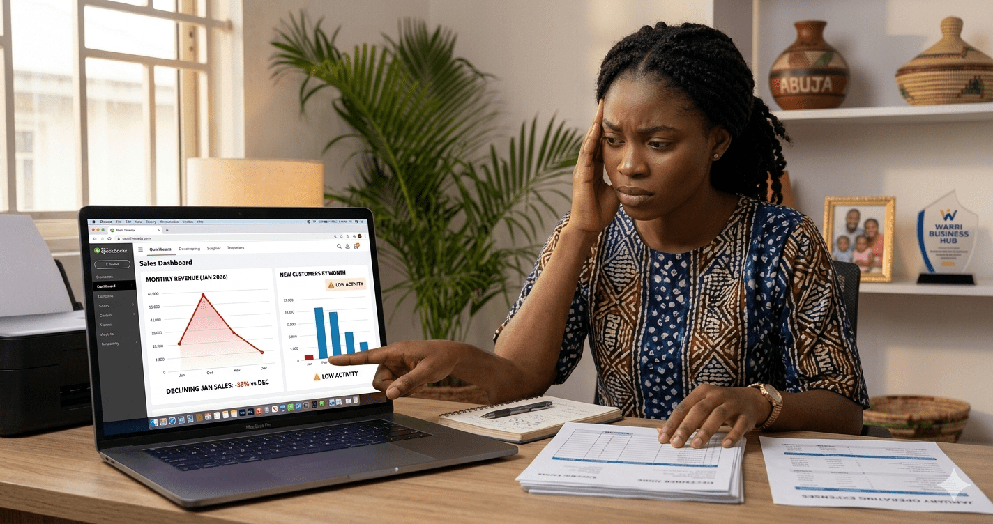 Small business owner analyzing January revenue drop after holiday sales season