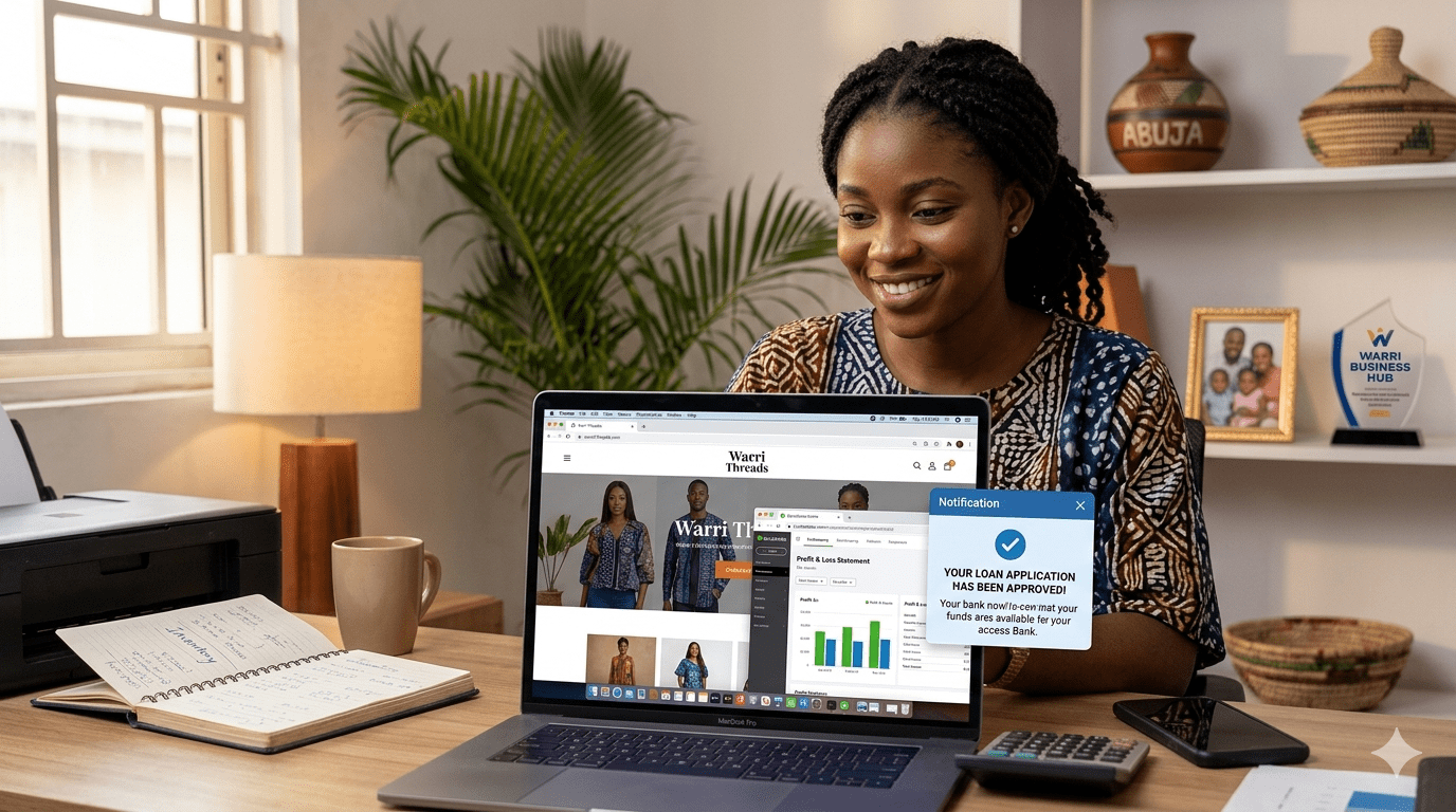Small business owner improving business loan application with digital assets and financial discipline