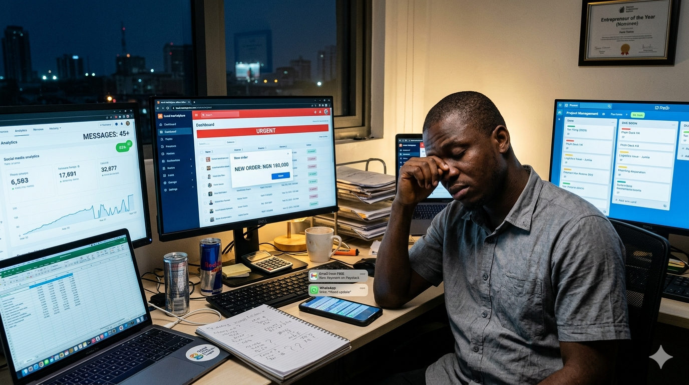 Solo founder experiencing entrepreneur burnout while managing multiple business tasks. Entrepreneur Burnout Solo Founders
